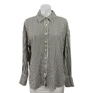 MNG by Mango Women's Black White Long Sleeves Striped Button Down Shirt Top Sz M